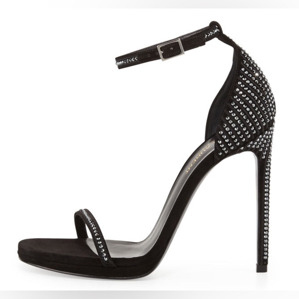 Saint Laurent Strass Suede Ankle-Strap Sandal Rhinestone Crystal 37.5 Black